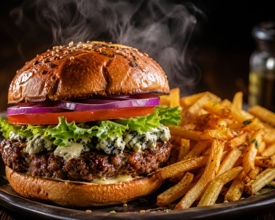 Le Tacot — burger à la Fourme d'Ambert et frites fraîches